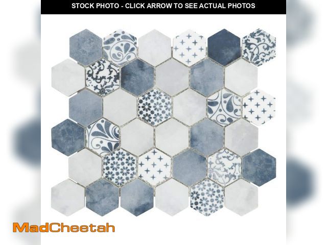 Lot 74-14449743 - sunwings Concrete Blue Hexagon 11.7x10.2in. Mosaic Backsplash. Recycled Glass Cement Looks Floor And...