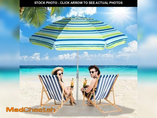 Lot 74-12143963 - 7 Ft Beach Umbrella for Sand with Tilt/Sand Anchor/Carry Bag/  Stripe Blue and Green UV 50+ UPF 100+...
