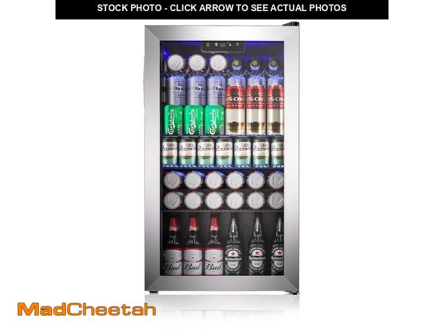 Lot 74-13002530 - SIMZLIFE 17.3 in. Single Zone-130 Can Freestanding Beverage and Wine Cooler in Silver, LED Light, UV...