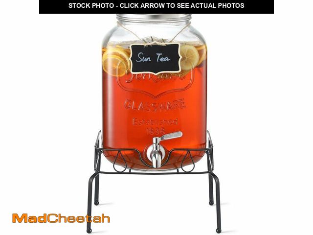 Lot 74-13620895 - 2 Gallon Glass Beverage Dispenser with Stand and Lid, 18/8 Stainless Steel Spigot - Glass Drink Disp...