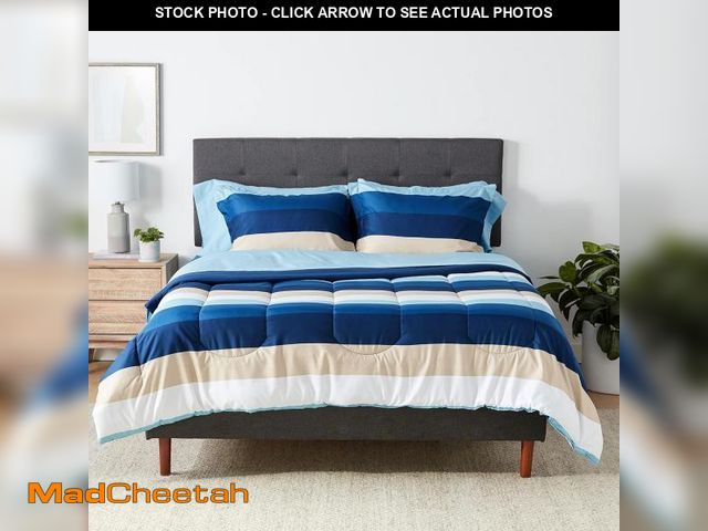 Lot 74-12095935 - Basics Full/Queen Comforter Set with Sheets, 7-Piece Blue Stripe Bedding, Lightweight Microfiber Bed...