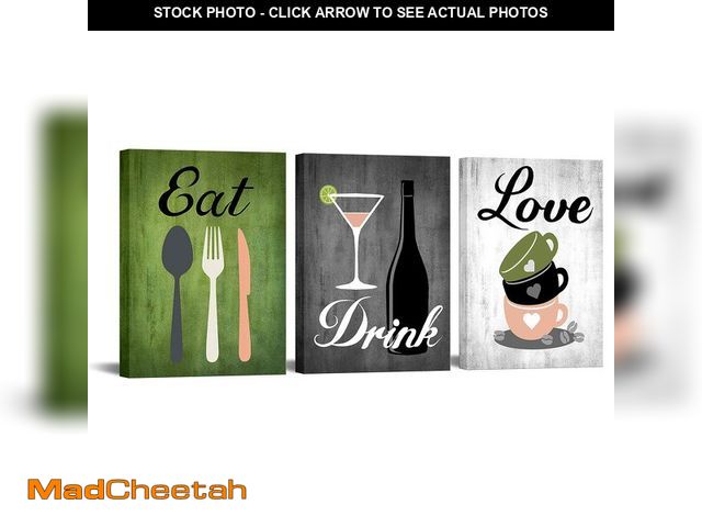 Lot 74-12601279 - Canvas Set of 3 Green and Grey Modern Kitchen and Dining Room Wall Art Home Decor Abstract EAT DRINK...