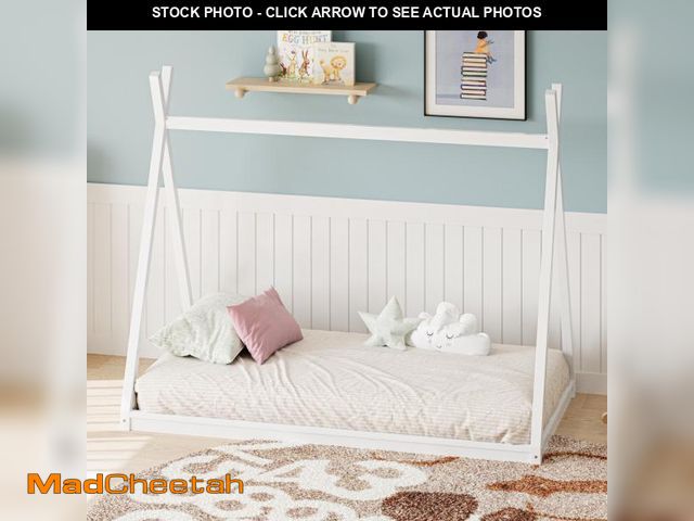 Lot 74-12151609 - Bellemave Twin House Floor Bed with Tent, Wood Teepee Bed Twin Size Floor Beds for Kids, Wood Low Mo...