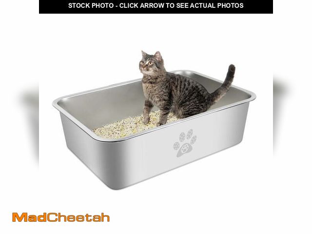 Lot 74-13817142 - Ptlom Cat Litter Box with High Sides Large Stainless Steel Cat Litter Pan 19.7" x 13.8" x 5.9" - UNU...
