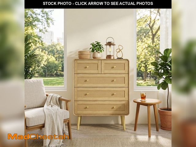 Lot 74-14285375 - FUFU&amp;GAGA Burly Wood Grain Yellow 5-Drawers 31.5 in. W Dresser, Chest of Drawers with Rattan Wea...