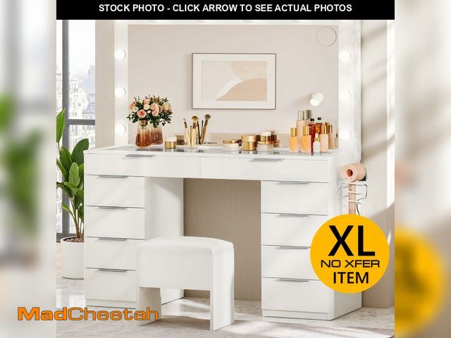 Lot 74-13647789 - DWVO 46'' Glass Top Makeup Vanity with 10 Drawers, Vanity Desk Set with Large LED Mirror, Built-in C...