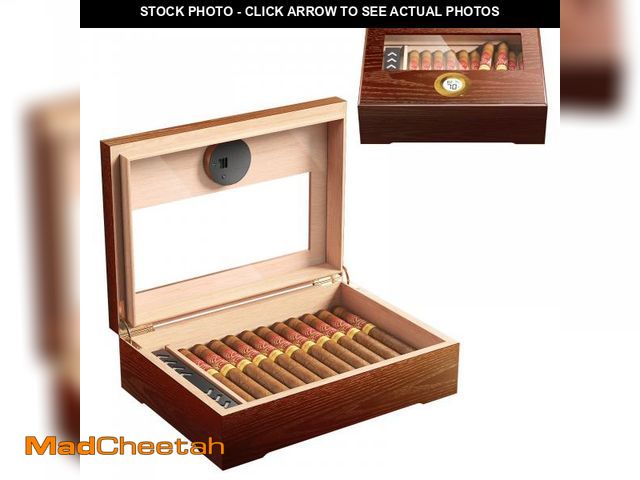 Lot 74-12441251 - Puffaland Cigar Humidor Box Cedar Wood Brown Men Desktop Case Gift for Father with Glass Top, Digita...