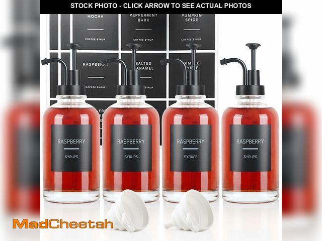 Lot 74-13363236 - 4PCS Coffee Syrup Dispenser Glass Syrup Dispenser for Coffee Bar w. Labels and Pump 16.9 oz 500ml Sy...