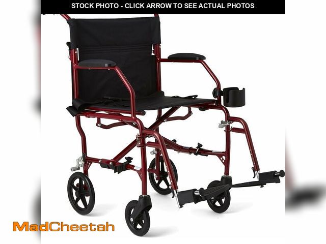 Lot 74-13419603 - Medline Ultra Lightweight Transport Wheelchair for Adults, Foldable, 19-Inch Seat Width, Red Frame, ...