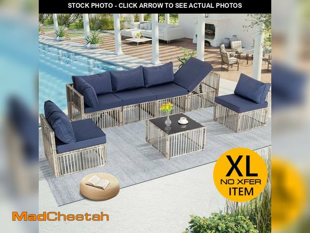 Lot 74-14280221 - New Style 7-Piece Gray Wicker Patio Furniture Conversation Set with Navy Cushions for Garden, Poolsi...