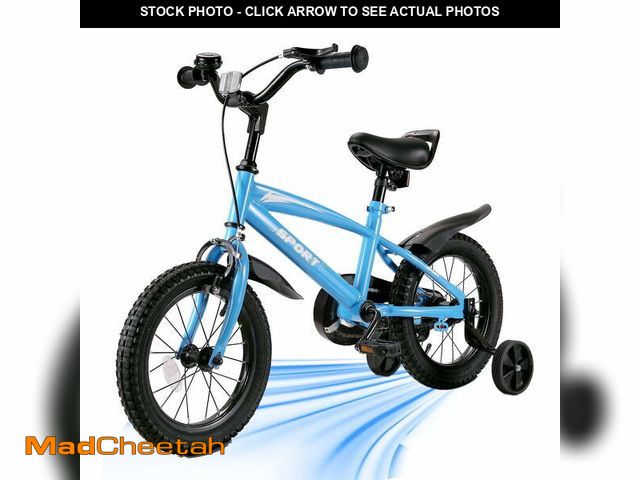 Lot 74-12679734 - (FRONT WHEEL IS DAMAGED)Naipo  14 Inch Kids Bike Girls and Boys Blue Bike with Removable Training Wh...