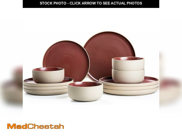 Lot 74-14444634 - Dafuceramic 12 Pieces Dinnerware Sets,Plates and Bowls Sets,Handmade Reactive Glaze Dishes Set for 4...