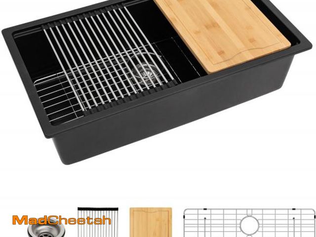 Lot 74-12202164 - Dcolora 30 inches Granite Composite Kitchen Sink Workstation Black Undermount Single Bowl Large Kitc...