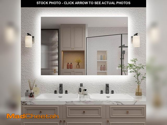 Lot 74-14392312 - 48 in. W x 32 in. H Rectangular Frameless Super Bright Backlited LED Anti-Fog Tempered Glass Wall Ba...