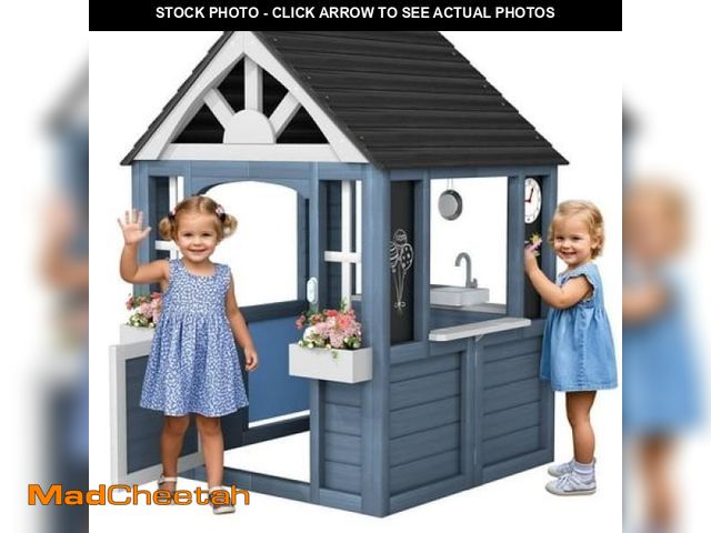 Lot 74-12402543 - Skyhot Outdoor Wooden Playhouse(42 L X 57 H) for Kids Ages 4-8 with Drawing Boards/Clocks/Pet Curtai...