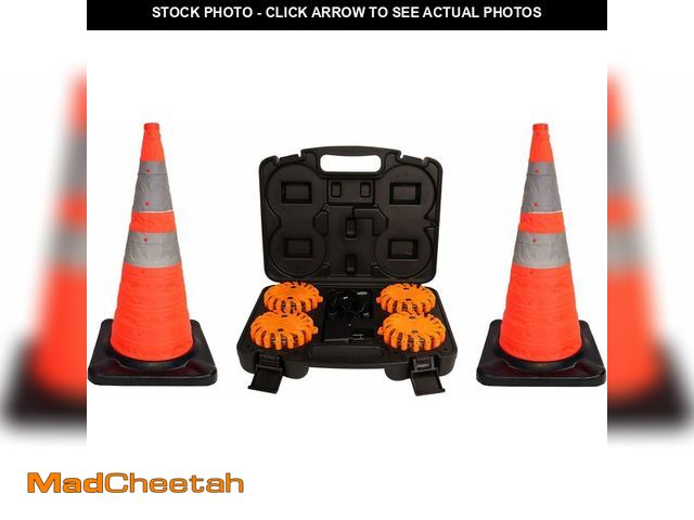 Lot 74-14347557 - AME INTL Roadside Safety Kit - 2 Retractable Traffic Cones with LED Lights &amp; Rechargeable LED Fl...