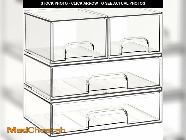 Lot 74-14425069 - Criusia Stackable Storage Drawers, 4 Pack Clear Plastic Makeup &amp; Bathroom Organizer, Versatile S...