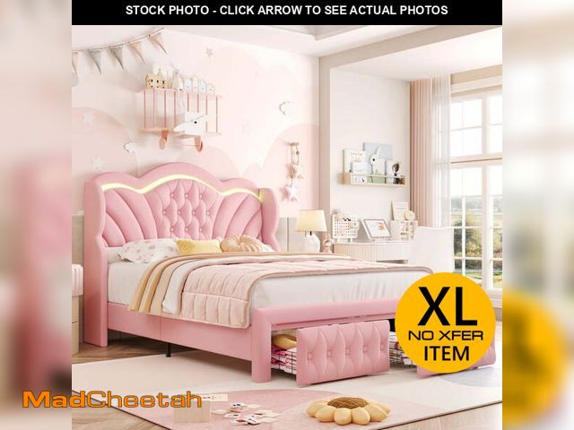 Lot 74-13779763 - Hiphuta Full Bed Frame with 2 Drawers, LED Lights Platform Bed Frame, Sturdy Beds Frame with Upholst...