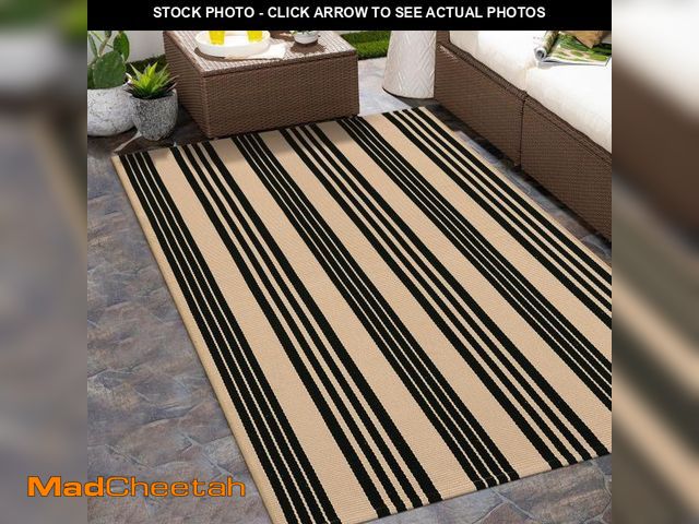 Lot 74-12313410 - Sungea Black and Khaki Striped Outdoor Rug 4x6 ft, Washable Cotton Woven Patio Rug, Reversible Folda...