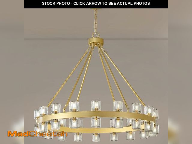 Lot 74-12568109 - Kirahee Gold Wagon Wheel Chandelier, K9 Crystal Chandelier for Dining Room, 36-Lights Adjustable Hei...