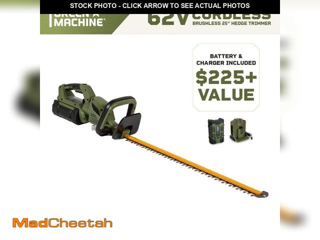 Lot 74-12397192 - Green Machine 62V Brushless 25in. Cordless Battery Push start Hedge Trimmer with Rotating Handle and...