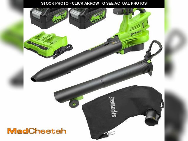 Lot 74-12765865 - Greenworks 48V (2x24V) 520 CFM Brushless Leaf Blower/Vacuum w/ (2) 4.0Ah Battery &amp; Dual Port Cha...