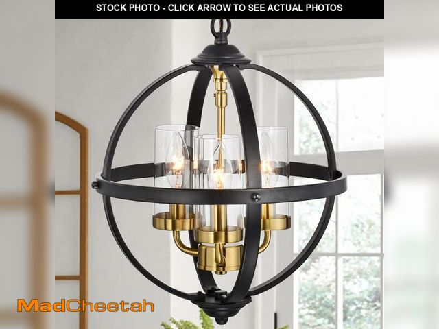Lot 74-12608398 - Treekee Rustic Chandelier, 14" Farmhouse Globe Orb Pendant Light, Vintage Black and Gold 3-Light E12...