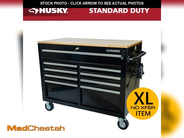Lot 74-14085554 - Husky 46 in. x 25 in. D 9-Drawer Mobile Workbench with Adjustable Height Wood Top in Gloss Black - U...