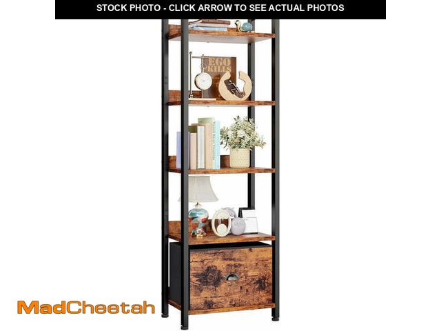 Lot 74-14371735 - CONCETTA 5 Tier Bookshelf with Drawer, Tall Narrow Bookcase with Shelves, Wood and Metal Storage Org...