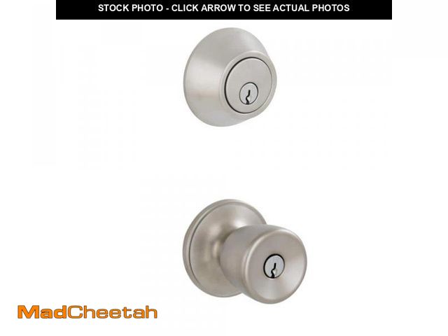 Lot 74-12510964 - ESSENTIALS by Schlage Brill Satin Stainless Steel Single Cylinder Deadbolt and Keyed Entry Door Knob...