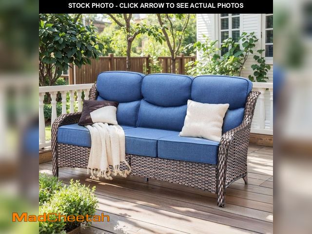 Lot 74-14375722 - MoonLuxe 3-Seat Brown PE Wicker Outdoor Couch with 6 in. Olefin Navy Blue Cushions/Patio Sofa Furnit...