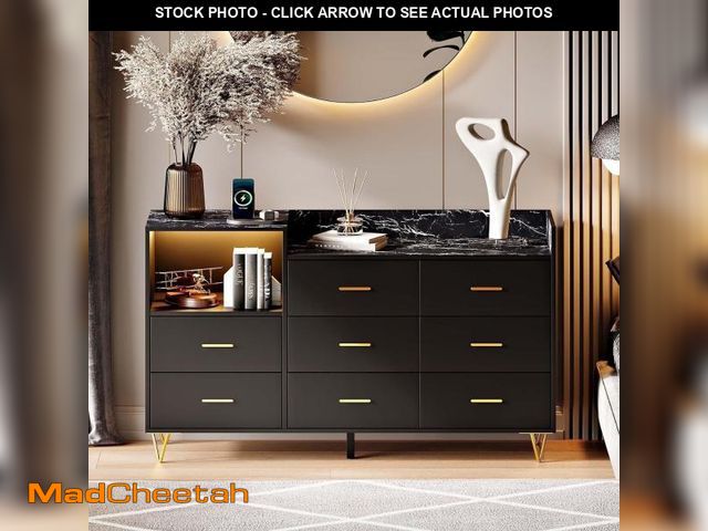 Lot 74-12486901 - Dresser, Wooden Dresser for Bedroom, 8 Drawer Dresser with Charging Station, Black - UNUSED