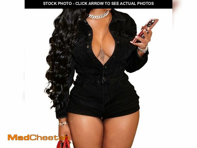 Lot 74-12975435 - Molilove Women's Vintage Short Denim Jumpsuit Long Sleeve Button Down Jean Jumpsuit Romper with Pock...