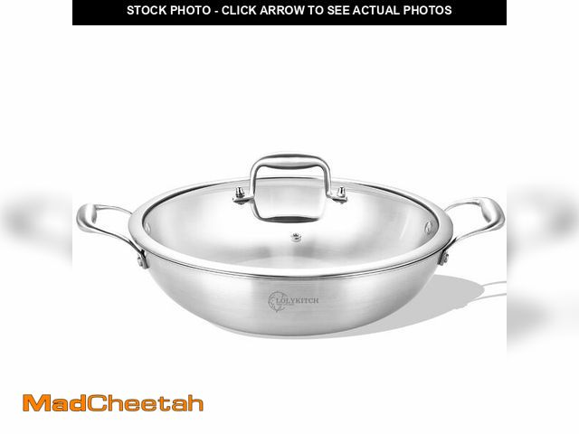 Lot 74-14149865 - LOLYKITCH 12 Inch Tri-Ply Stainless Steel Wok Pan with Lid,Kadai,5 QT Induction Cooking Pot,Dishwash...