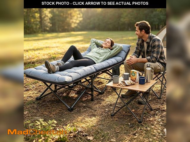 Lot 74-14327674 - (MISSING CUSHION) BOZTIY Folding Camping Cot with Mat for Adults Heavy Duty Outdoor Bed with Carry B...