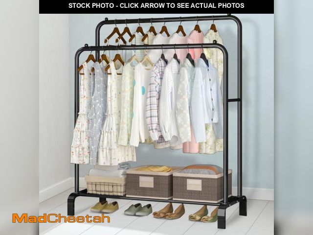 Lot 74-12481644 - Clothing Garment Rack,Double Rails Closet Clothes Rack with Bottom Shelves and 4 Hooks,Freestanding ...