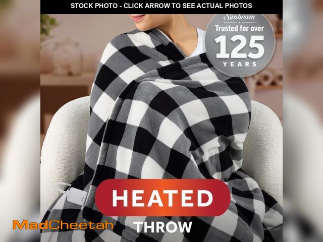 Lot 74-12537071 - Sunbeam Electric Heated Throw Blanket Black/White Plaid Microplush Faux Shearling 4 Heat 50x70 - UNU...