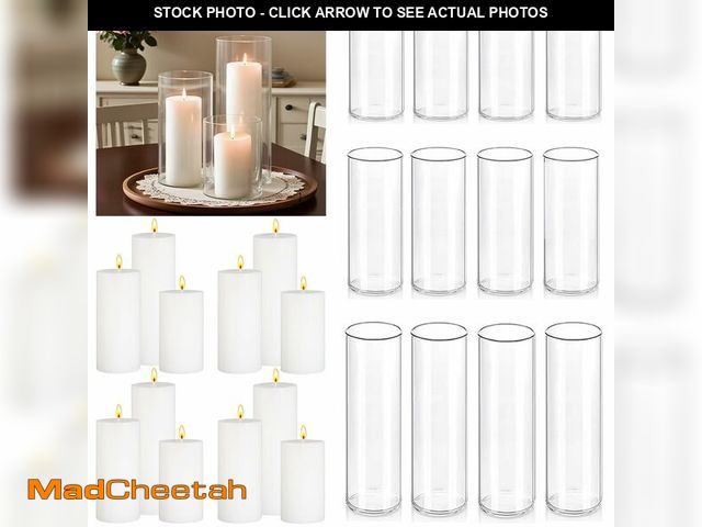 Lot 74-13960332 - FFUW 24 Pcs White Pillar Candles with Glass Candle Holder Hurricane Glass Candle Holders Clear Cylin...