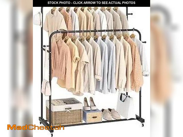 Lot 74-11907781 - Laiensia Double Rods Garment Rack with Wheels, Clothing Rack for Hanging Clothes,4 Hooks, Multi-func...