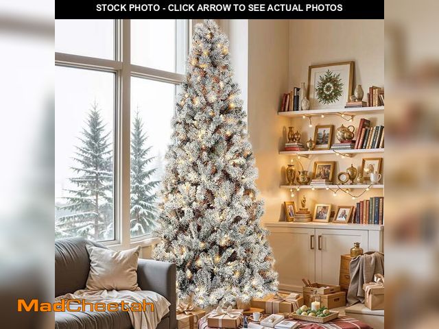 Lot 74-12888994 - Posrue 6.5ft Pre-Lit Snow Flocked Slim Christmas Tree with 1000 Tips 250 Warm Lights, Hinged Artific...