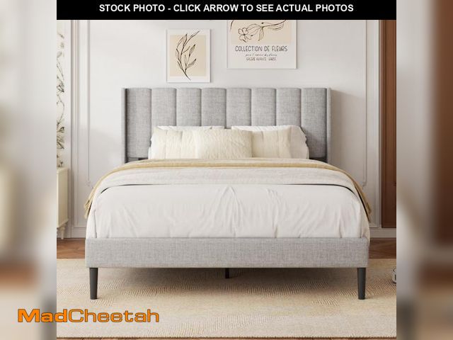 Lot 74-12259659 - HAOARA Queen Size Velvet Bed Frame with Vertical Chanel Tufted Headboard and Wingback, Upholstered P...