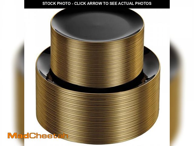 Lot 74-12308843 - KIRE 100PCS Black and Gold Plates - Black Plastic Plates Disposable with Gold Rim for Party/Wedding/...