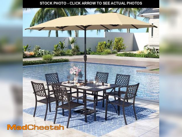 Lot 74-12492441 - PHI VILLA 8-Piece Metal Outdoor Dining Set with Stackable Chairs and Umbrella - UNUSED
