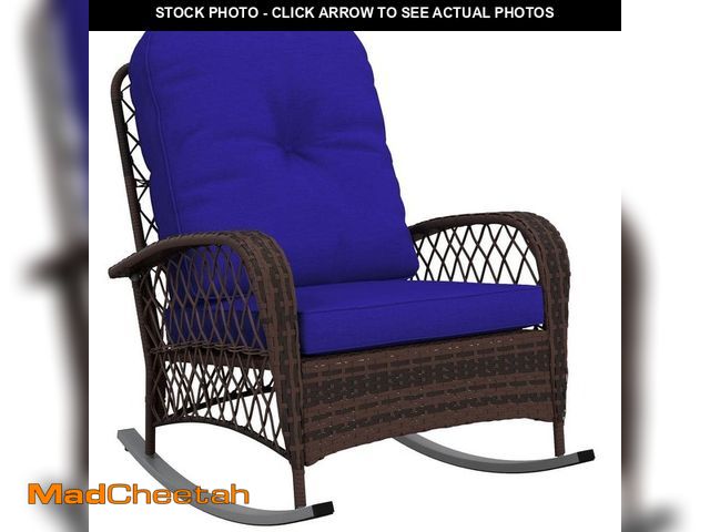 Lot 74-14254602 - Outsunny Wicker Outdoor Rocking Chair with Wide Seat, Thick, Soft Dark Blue Cushion for Patio, Garde...