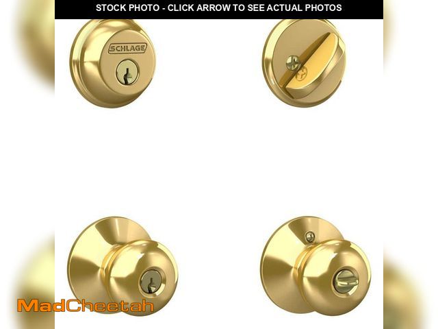Lot 74-14255814 - Schlage Plymouth Bright Brass Single Cylinder Deadbolt and Keyed Entry Door Knob Combo Pack - UNUSED