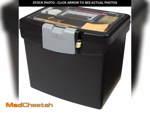 Lot 74-13331778 - Storex Portable File Box with Organizer Lid - Plastic Office File Storage Box for Letter Paper and H...