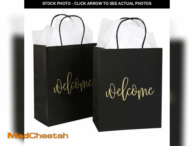 Lot 74-12968688 - 50 Pack Medium Black Welcome Paper Gift Bags with Handles and 50-Sheet White Tissue Paper for Weddin...