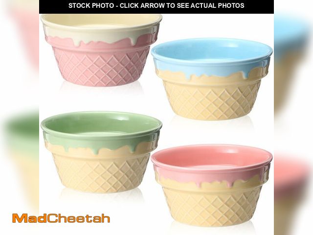 Lot 74-13563981 - Honeydak 4 Pcs Ice Cream Ceramic Bowls 12 oz Waffle Ice Cream Cups Reusable Sundae Dessert Snack Con...