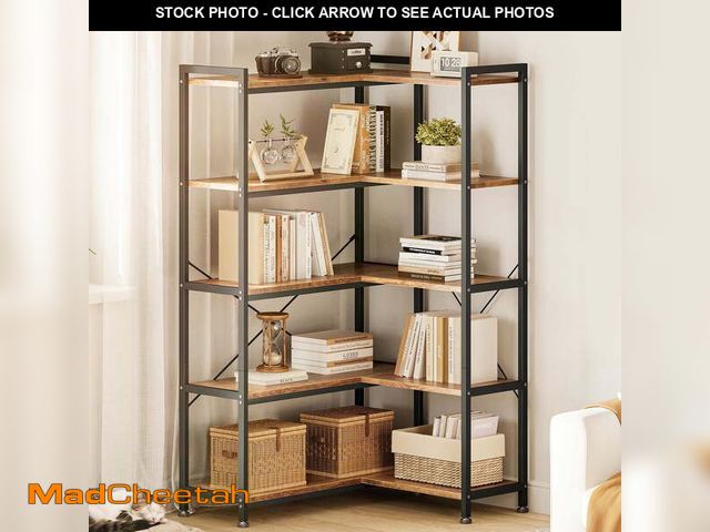 Lot 74-14604715 - 57 inch L Shaped Corner Bookshelf, 5 Tier Reversible Industrial Bookcase with Open Storage Shelves, ...