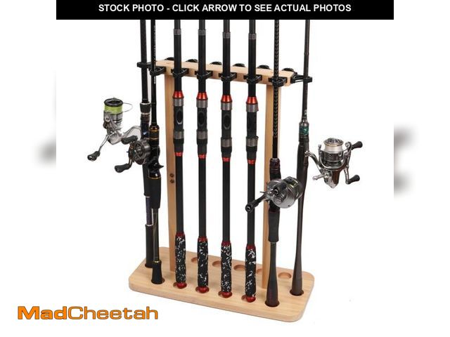 Lot 74-12053066 - VEYWANE Fishing Rod Storage Racks, 100% Wood Floor Stand Fishing Pole Holders for Garage of 14 Rods ...